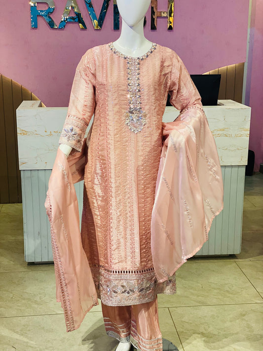 Rose Gold Sheesha Silk Embroidered 3-Piece Suite – Pearl & Sequin Detailed