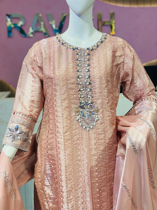 Rose Gold Sheesha Silk Embroidered 3-Piece Suite – Pearl & Sequin Detailed