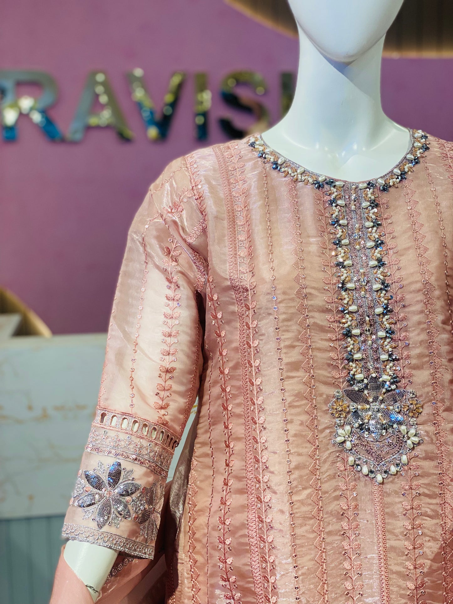 Rose Gold Sheesha Silk Embroidered 3-Piece Suite – Pearl & Sequin Detailed