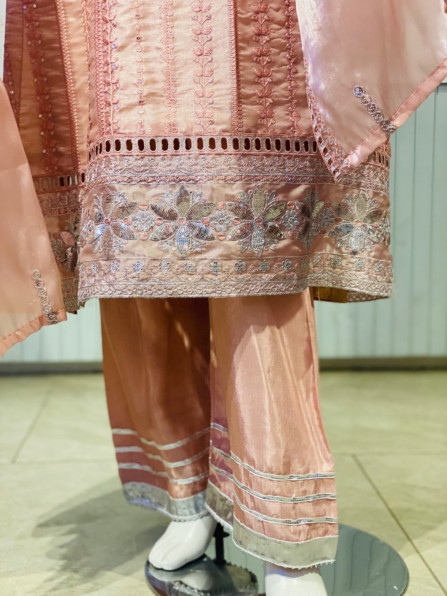 Rose Gold Sheesha Silk Embroidered 3-Piece Suite – Pearl & Sequin Detailed