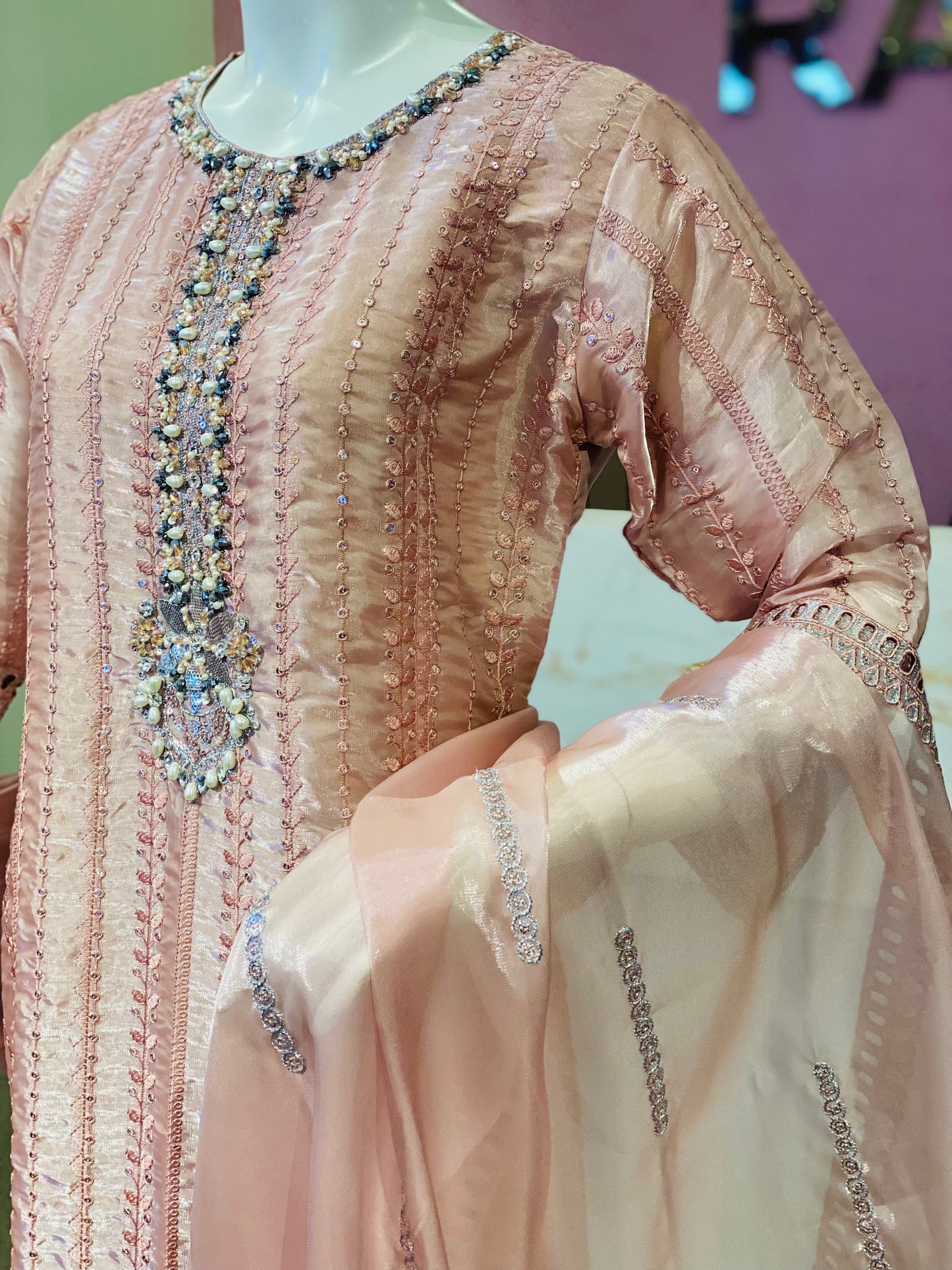 Rose Gold Sheesha Silk Embroidered 3-Piece Suite – Pearl & Sequin Detailed