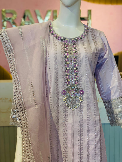 Elegant Lavender Embroidered Cotton Ensemble