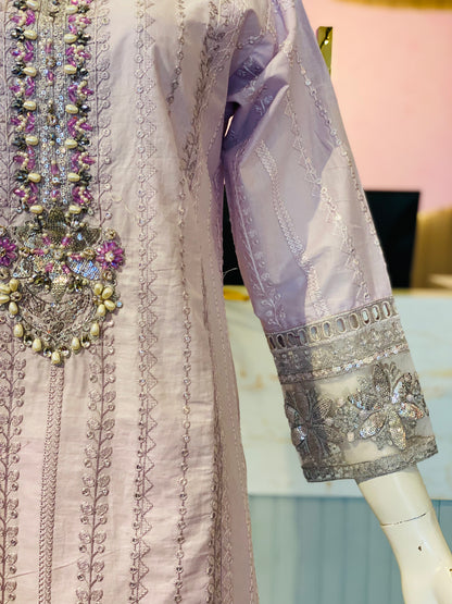 Elegant Lavender Embroidered Cotton Ensemble