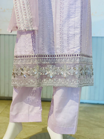 Elegant Lavender Embroidered Cotton Ensemble