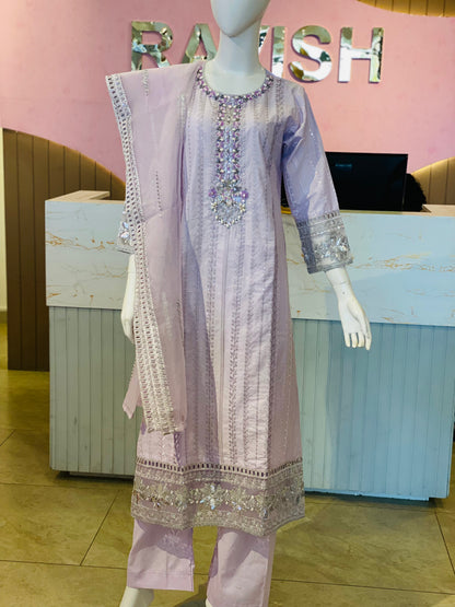 Elegant Lavender Embroidered Cotton Ensemble