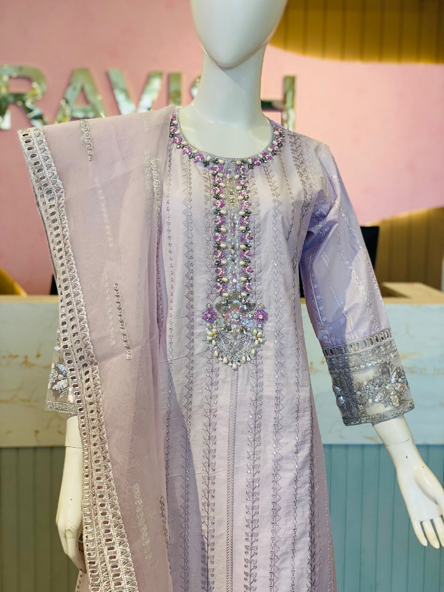 Elegant Lavender Embroidered Cotton Ensemble