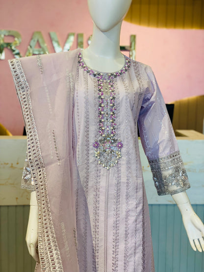 Elegant Lavender Embroidered Cotton Ensemble