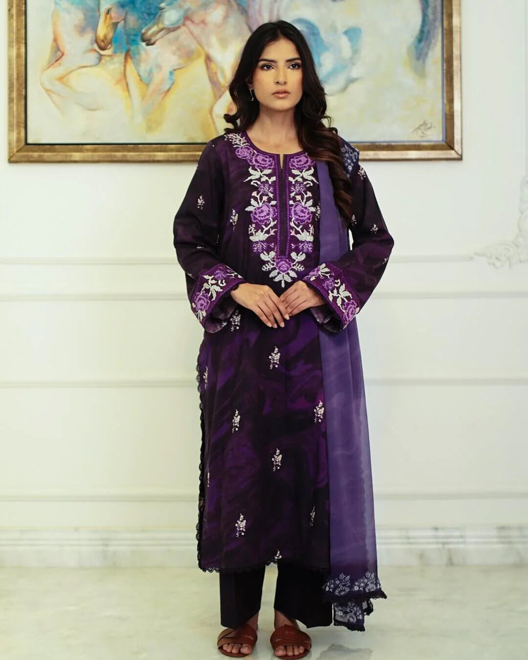 Nira - Elegant Blush Pink Floral Lawn Suit with Chiffon Dupatta-Unstitched