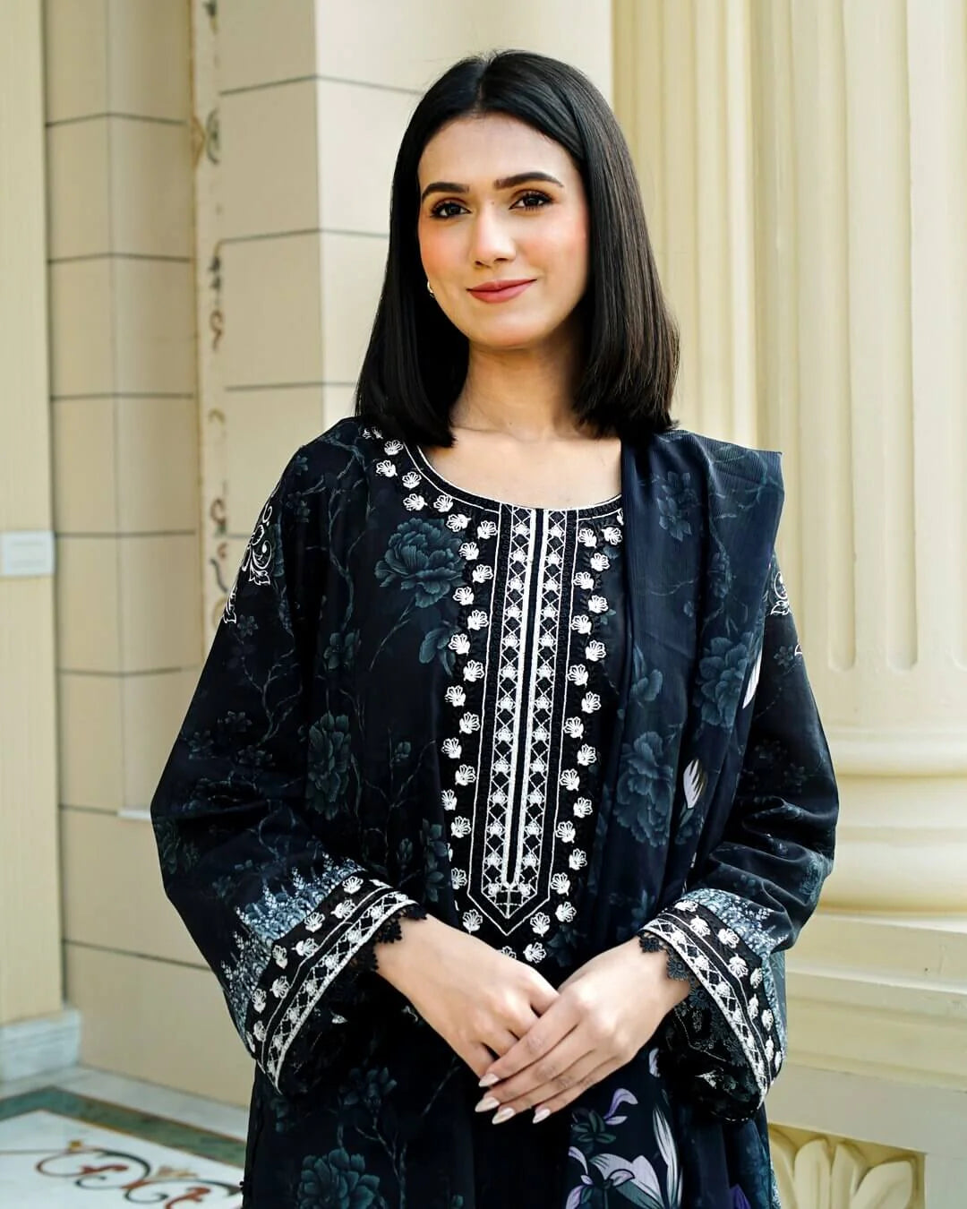 Riva - Elegant Black Floral Lawn Suit with Chiffon Dupatta-Unstitched