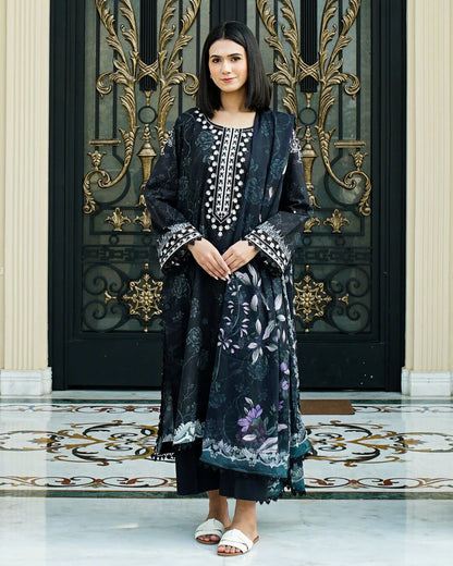 Riva - Elegant Black Floral Lawn Suit with Chiffon Dupatta-Unstitched