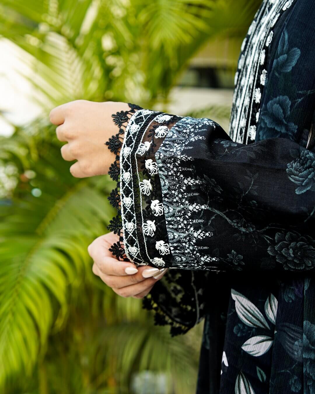 Riva - Elegant Black Floral Lawn Suit with Chiffon Dupatta-Unstitched