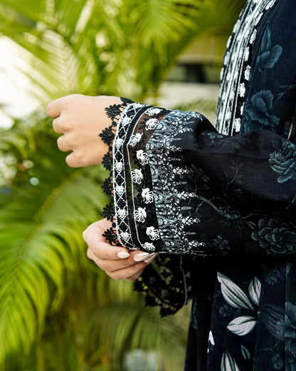Riva - Elegant Black Floral Lawn Suit with Chiffon Dupatta-Unstitched