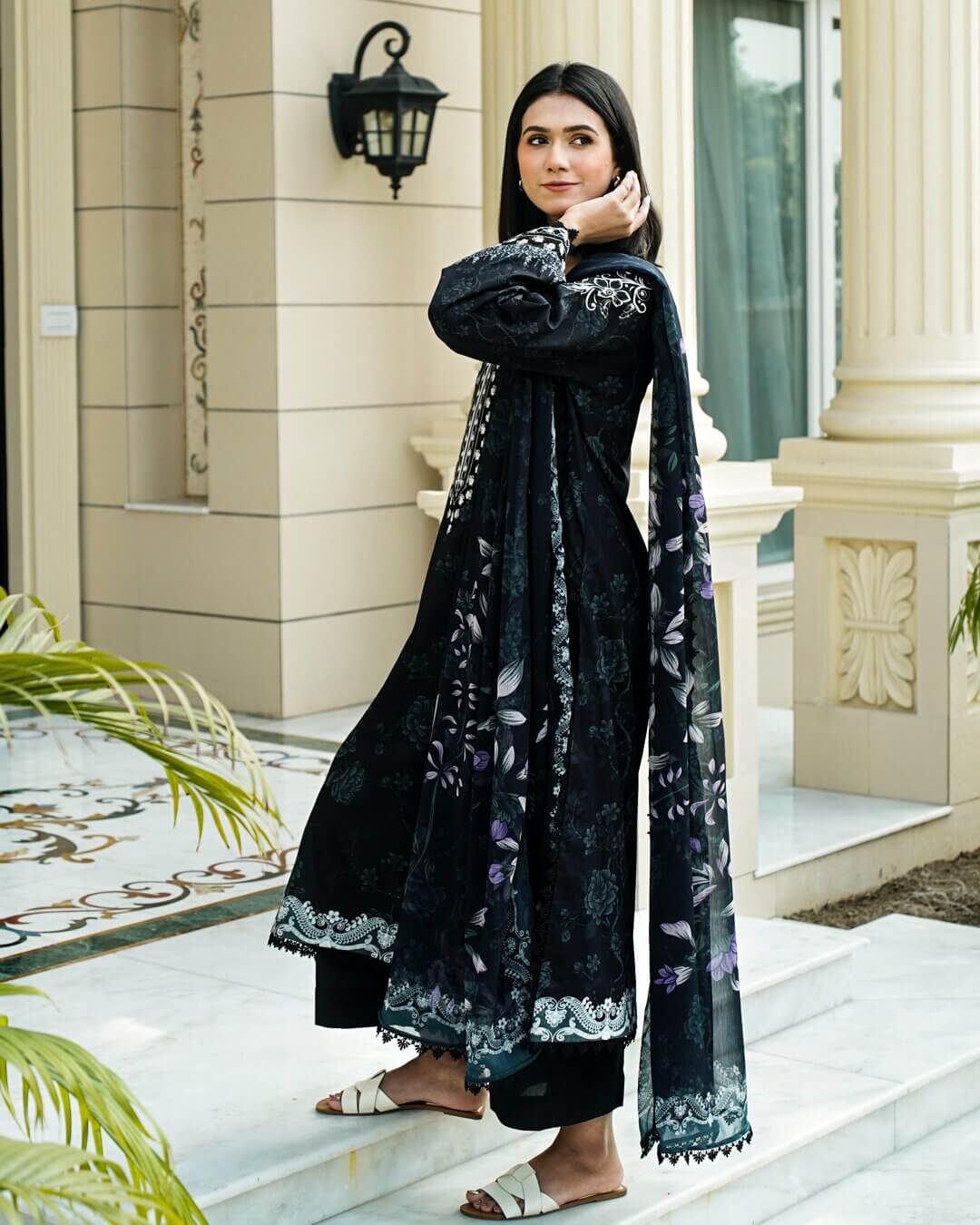 Riva - Elegant Black Floral Lawn Suit with Chiffon Dupatta-Unstitched