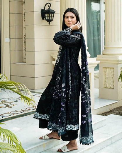 Riva - Elegant Black Floral Lawn Suit with Chiffon Dupatta-Unstitched
