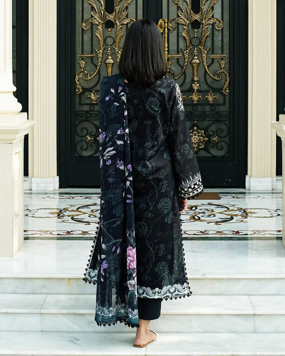 Riva - Elegant Black Floral Lawn Suit with Chiffon Dupatta-Unstitched