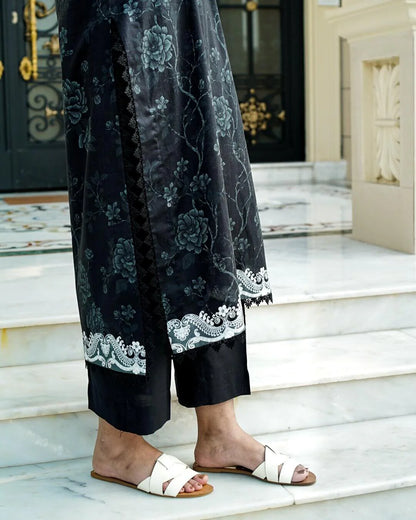 Riva - Elegant Black Floral Lawn Suit with Chiffon Dupatta-Unstitched