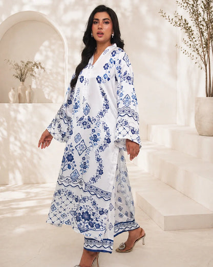 Porcelain Indigo – Printed Premium Silk 2-Piece Suit