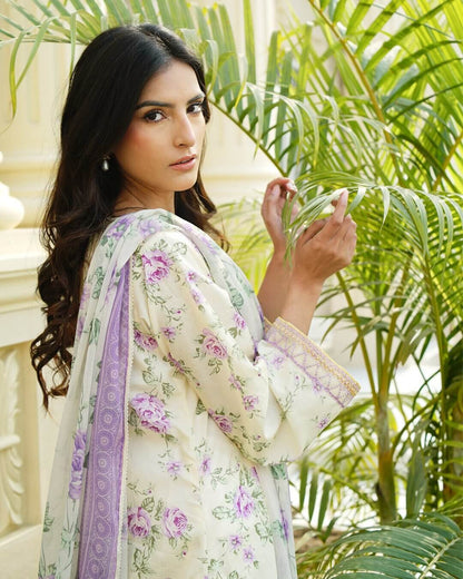 Selin - Soft Pastel Floral Lawn Suit with Chiffon Dupatta-Unstitched