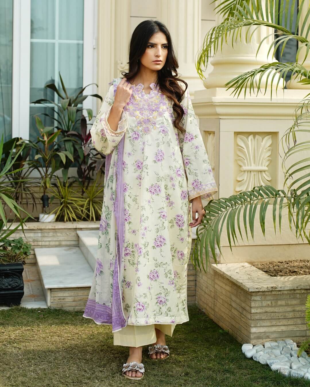 Selin - Soft Pastel Floral Lawn Suit with Chiffon Dupatta-Unstitched