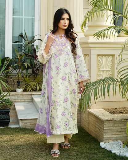 Selin - Soft Pastel Floral Lawn Suit with Chiffon Dupatta-Unstitched