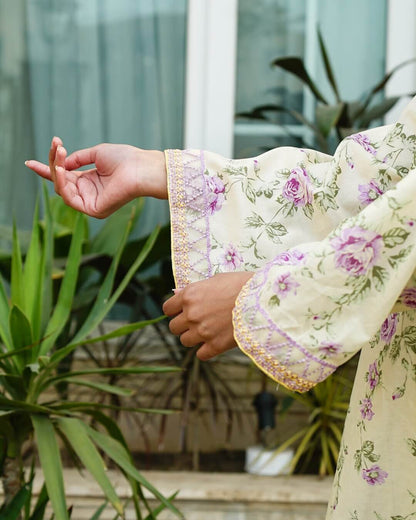 Selin - Soft Pastel Floral Lawn Suit with Chiffon Dupatta-Unstitched