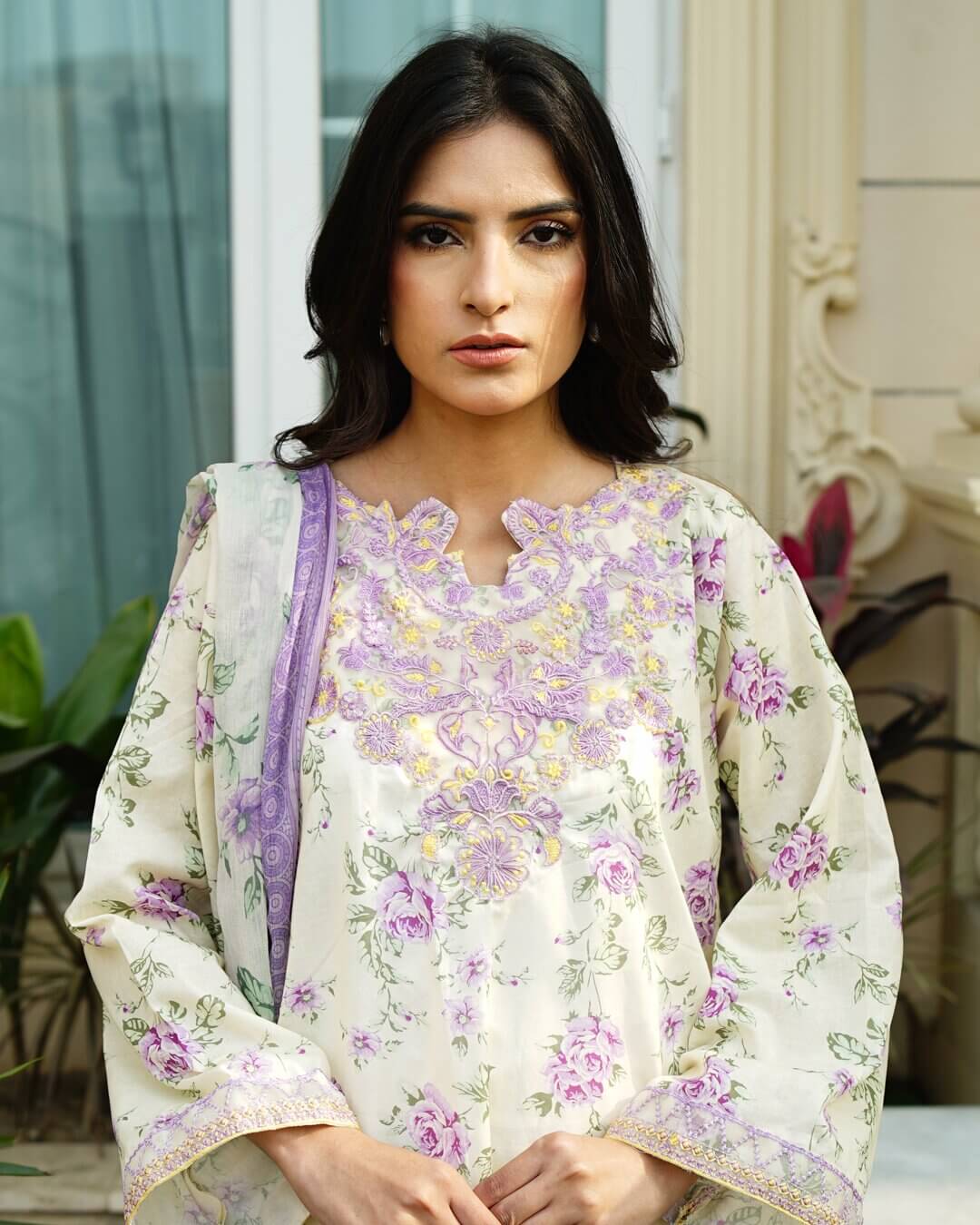 Selin - Soft Pastel Floral Lawn Suit with Chiffon Dupatta-Unstitched