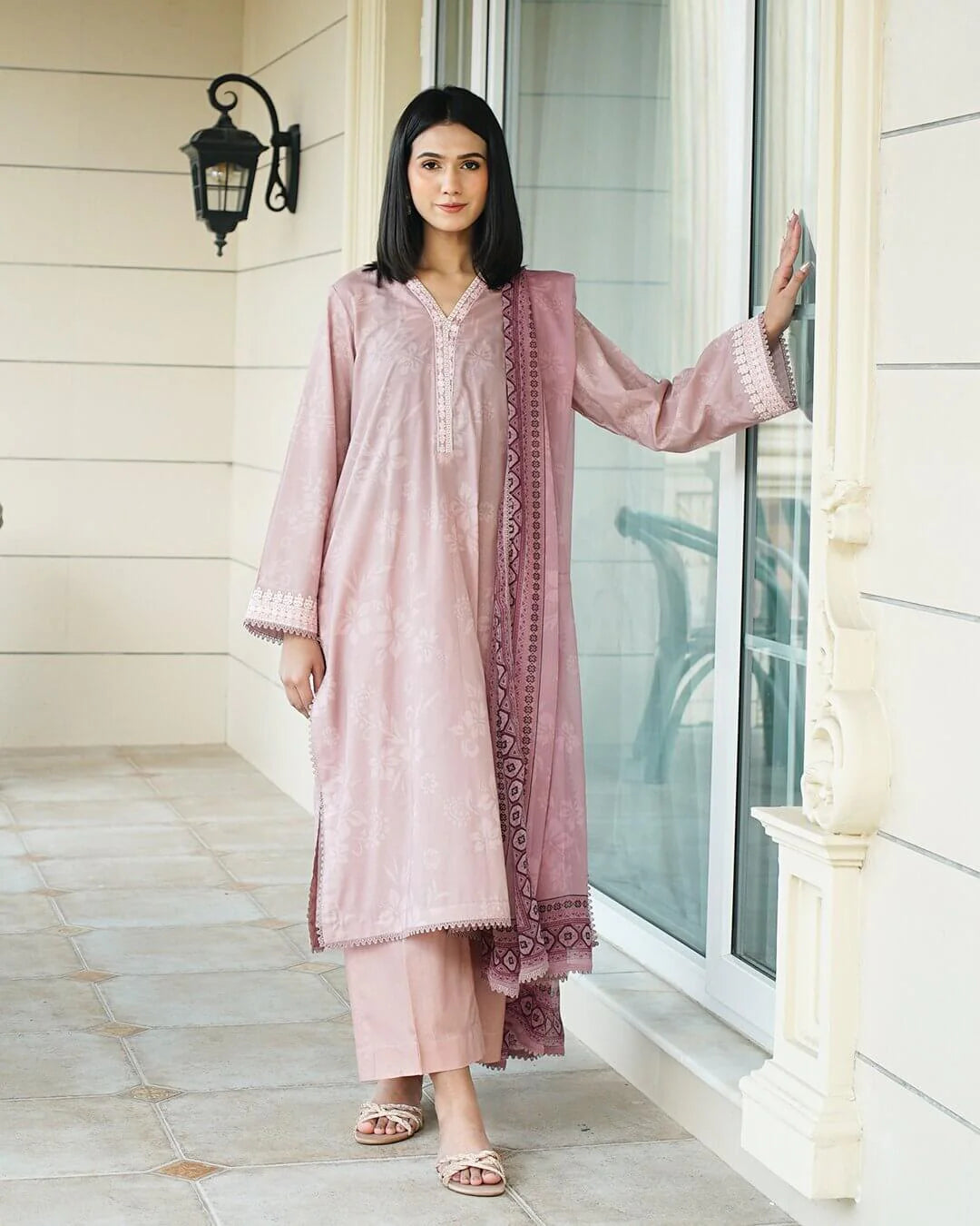 Vanya - Elegant Beige Floral Lawn Suit with Chiffon Dupatta-Unstitched