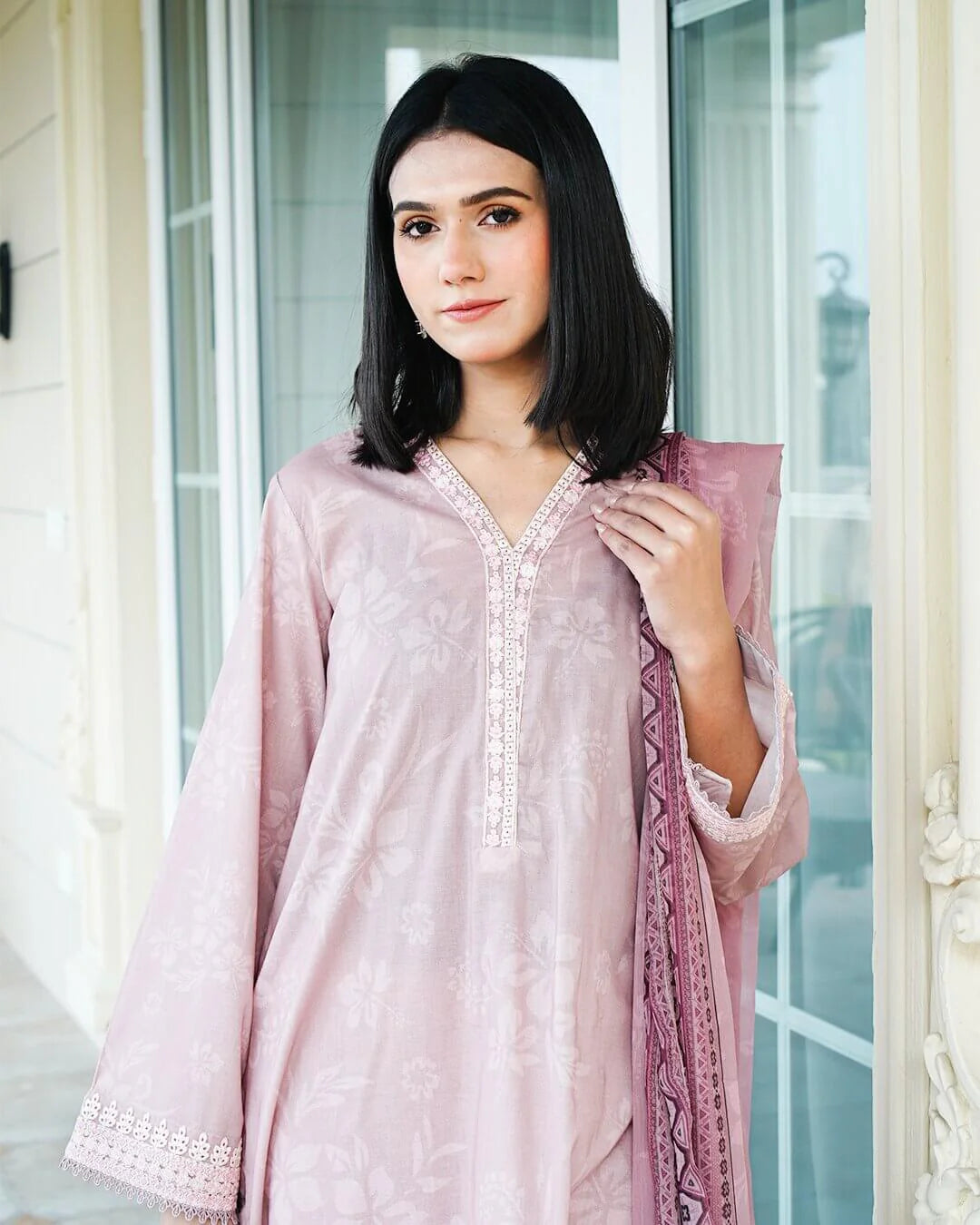 Vanya - Elegant Beige Floral Lawn Suit with Chiffon Dupatta-Unstitched