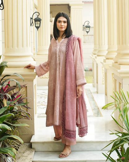 Vanya - Elegant Beige Floral Lawn Suit with Chiffon Dupatta-Unstitched