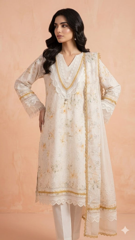 Artisanal Ivory Blossom Hand-Embroidered Soft Cotton 3-Piece