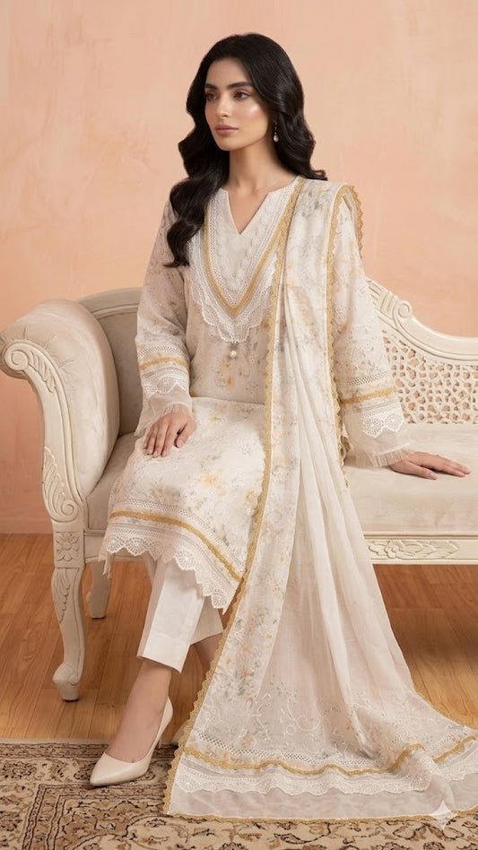 Artisanal Ivory Blossom Hand-Embroidered Soft Cotton 3-Piece