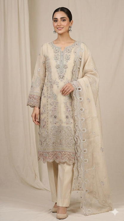 Ivory Gold Embroidered Luxe Organza Suit with Scalloped Dupatta