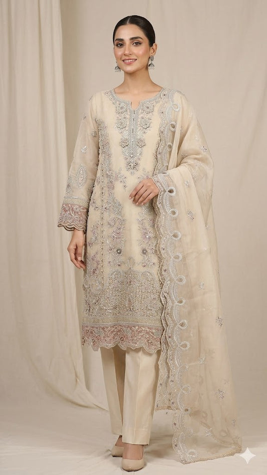 Ivory Gold Embroidered Luxe Organza Suit with Scalloped Dupatta