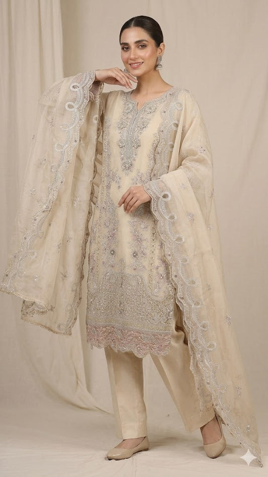 Ivory Gold Embroidered Luxe Organza Suit with Scalloped Dupatta