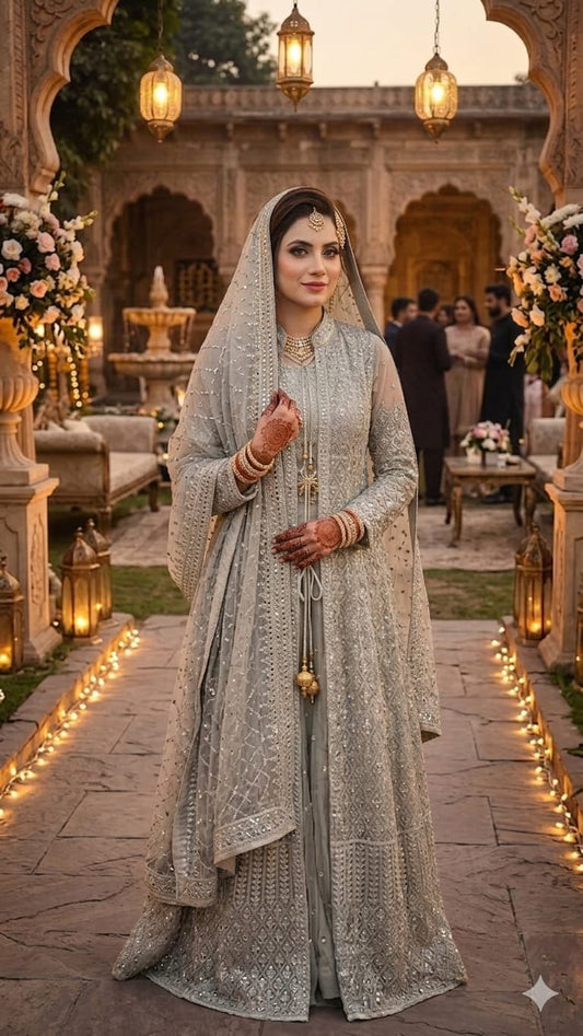 Zari-Embroidered Silver Sage Maxi with Floor-Length Jacket & Embellished Dupatta
