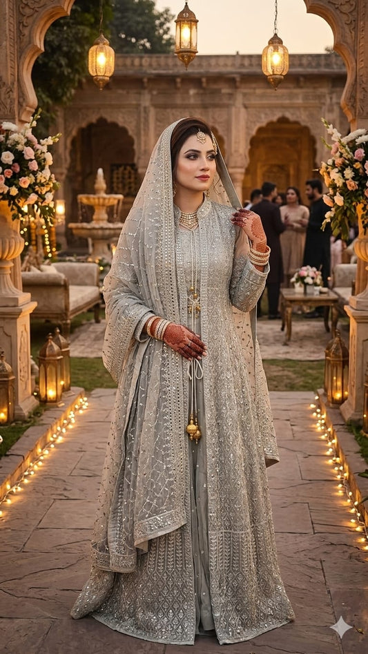 Zari-Embroidered Silver Sage Maxi with Floor-Length Jacket & Embellished Dupatta