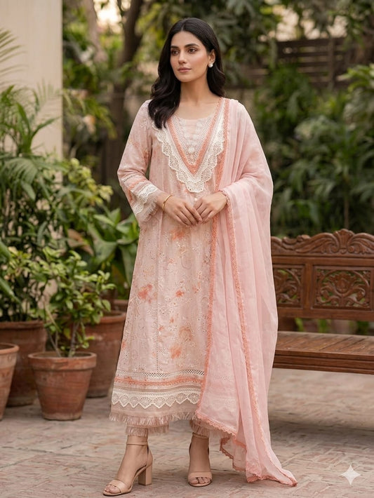 Ethereal Peach Hand-Embroidered Cotton Ensemble