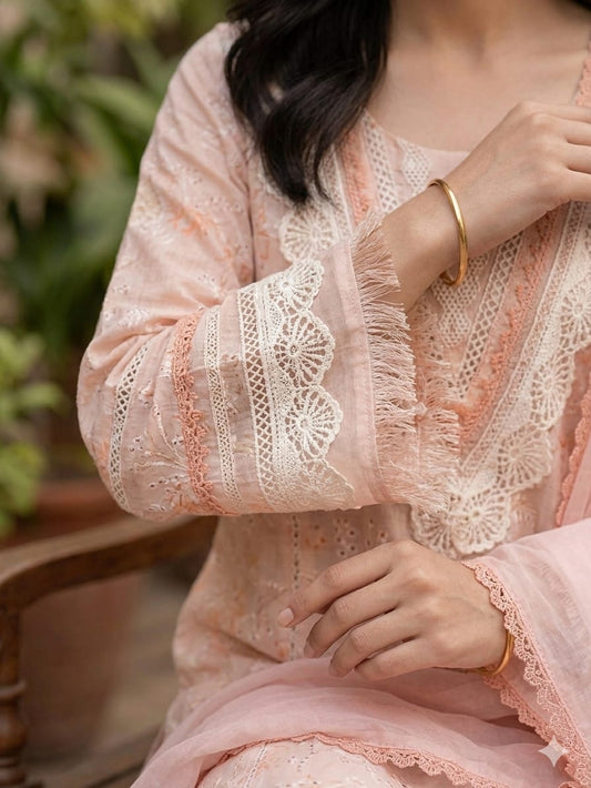 Ethereal Peach Hand-Embroidered Cotton Ensemble