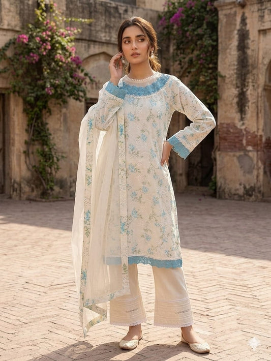 Ethereal Sky Blue Floral Cotton Suit with Lace-Detailed Farshi Shalwar