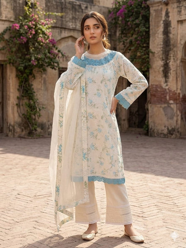 Ethereal Sky Blue Floral Cotton Suit with Lace-Detailed Farshi Shalwar