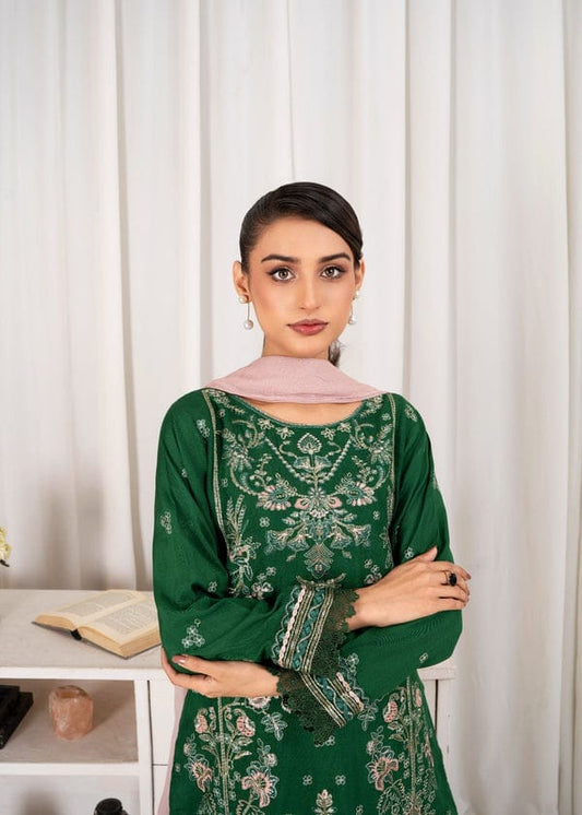 Forest Green Embroidered Silk 3-Piece Suite with Blush Pink Dupatta