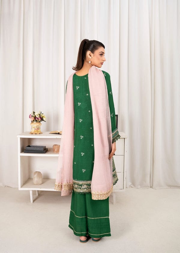 Forest Green Embroidered Silk 3-Piece Suite with Blush Pink Dupatta