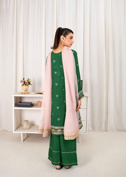Forest Green Embroidered Silk 3-Piece Suite with Blush Pink Dupatta
