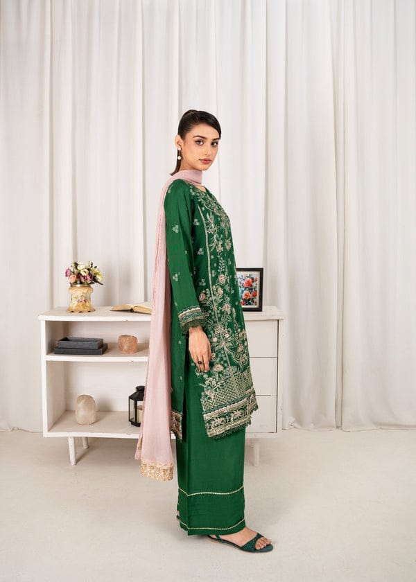 Forest Green Embroidered Silk 3-Piece Suite with Blush Pink Dupatta