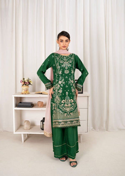 Forest Green Embroidered Silk 3-Piece Suite with Blush Pink Dupatta