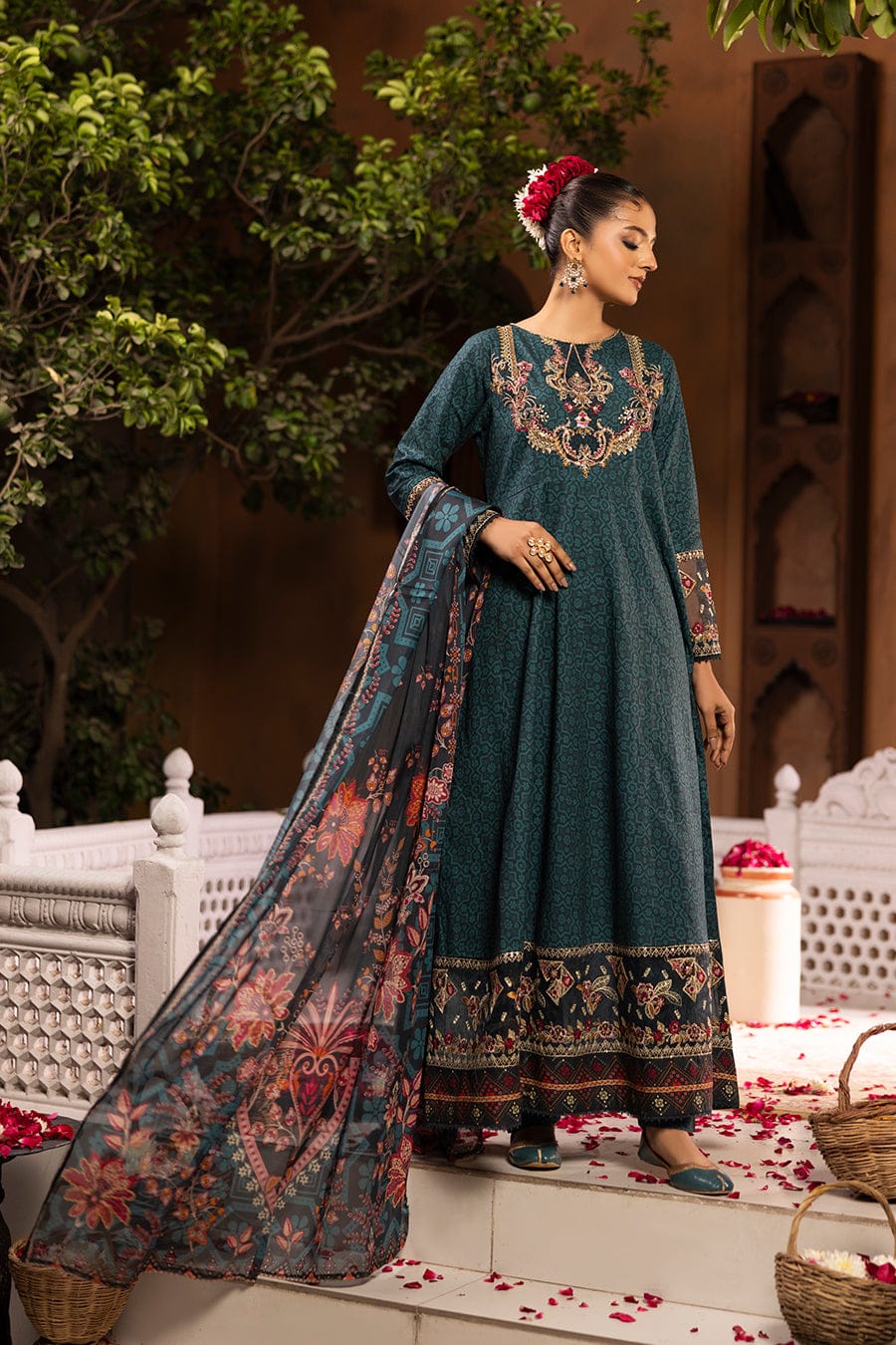 Cotton Cambric Printed Frock 3Pc