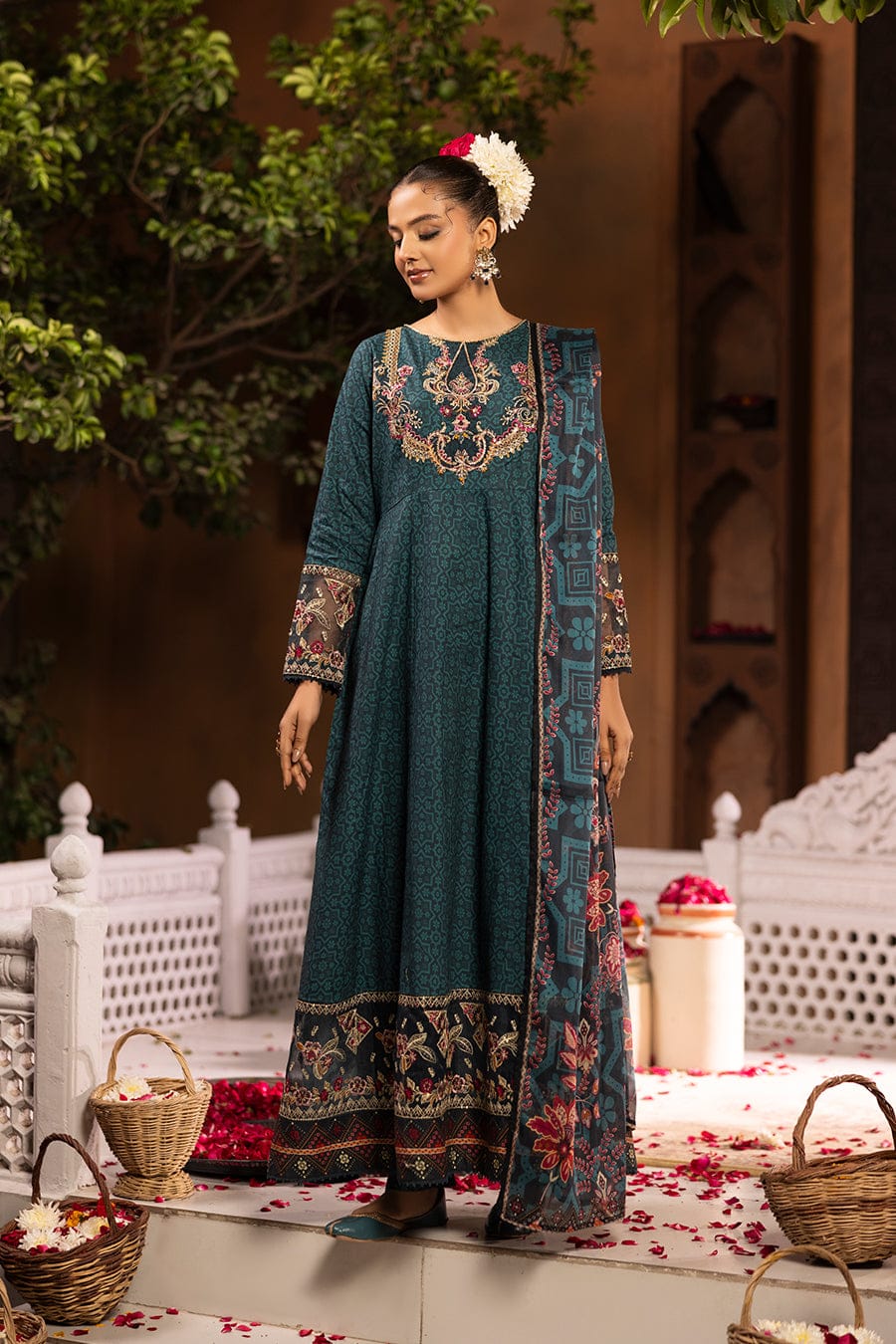 Cotton Cambric Printed Frock 3Pc