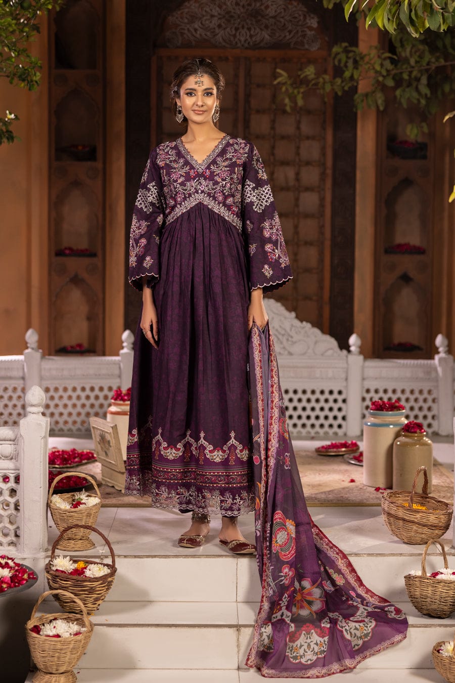 Cotton Cambric Printed Frock 3Pc