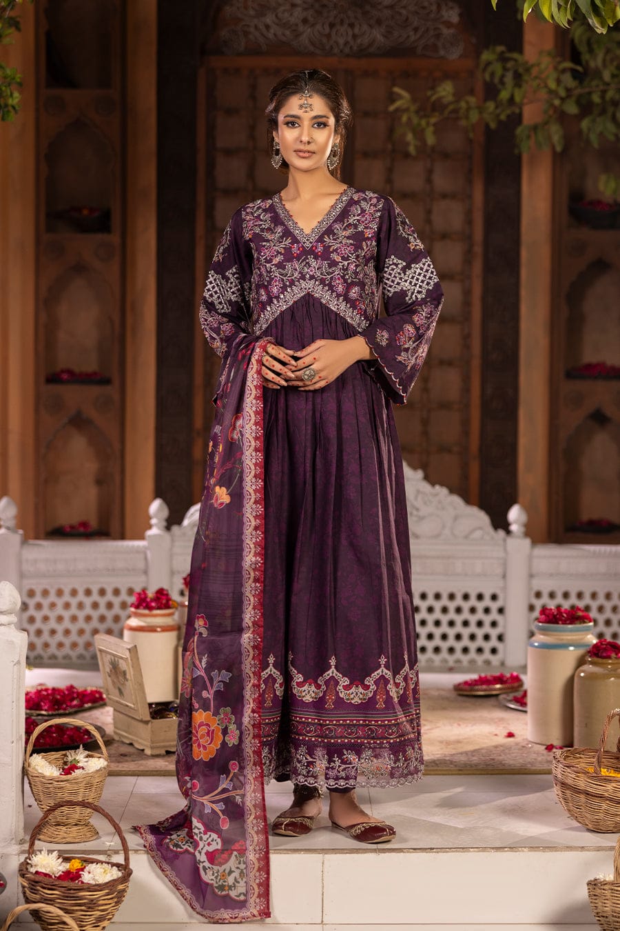 Cotton Cambric Printed Frock 3Pc