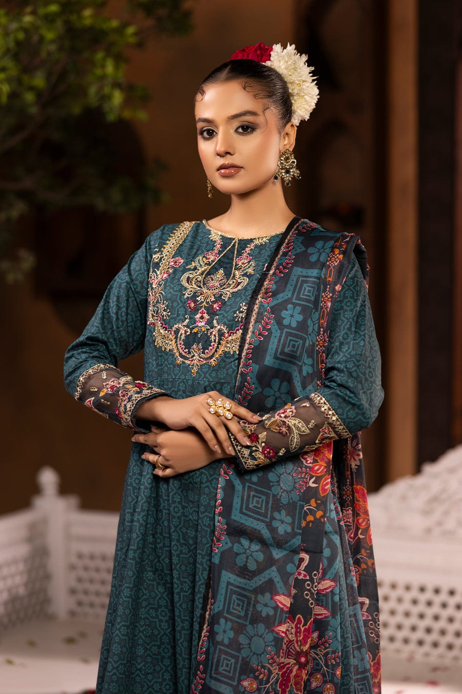 Cotton Cambric Printed Frock 3Pc